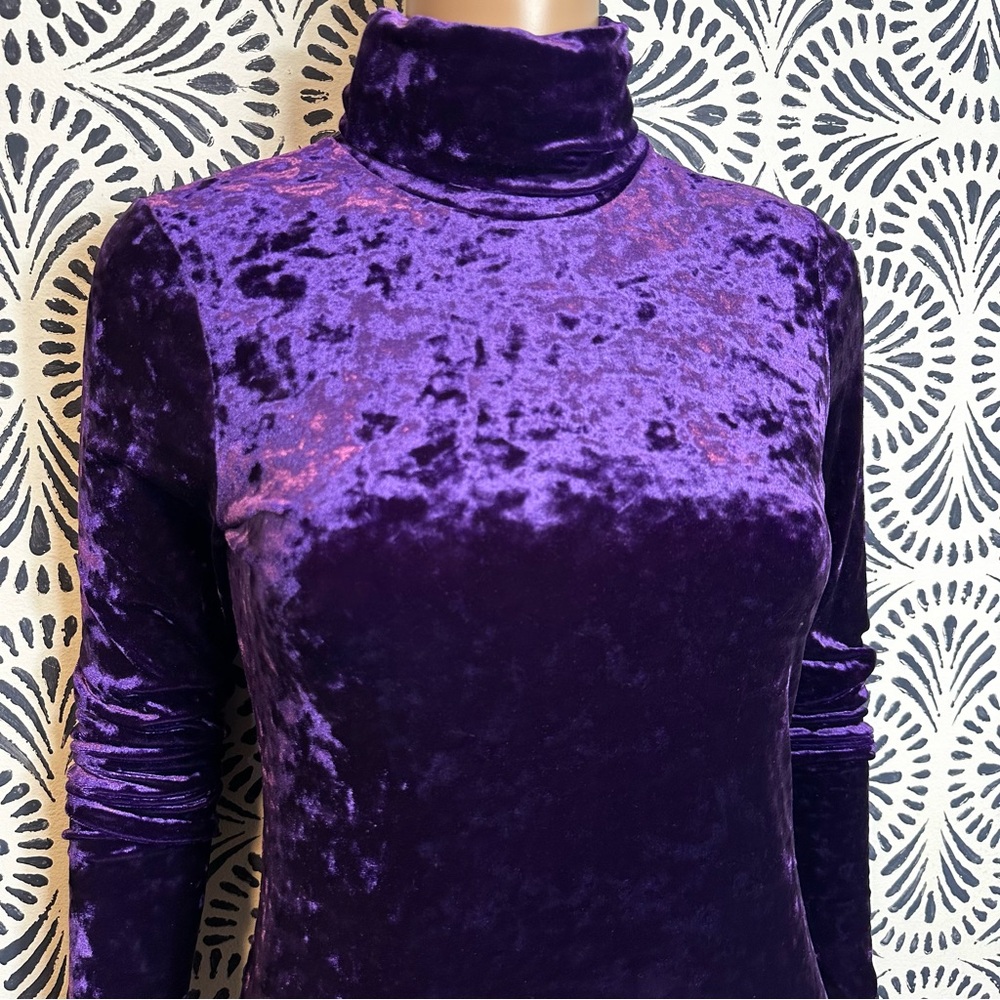 Vintage 90’s Purple Crushed Velvet Lace Long Sleeve Turtleneck Dress
